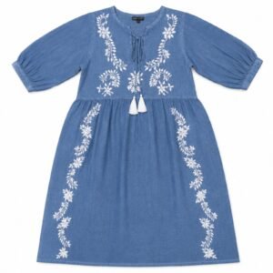 Nomad Sari On the Med Collection - Dress - Dusky Blue with Embroidery & Tassels (L-XL)