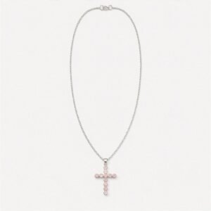 Indian Devotional Pendant - Silver Plated (45cm Chain)- Rose Quartz Crucifix