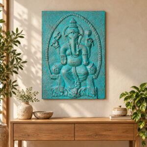 Large Ganpati Iron Frame Turquoise Relief - 0.7x1m