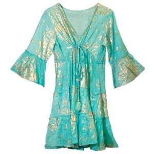 Nomad Sari On the Med Turquoise & Gold Coral Print Dress (M/L)