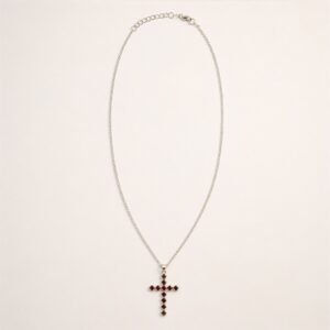 Indian Devotional Pendant - Silver Plated (45cm Chain)- Garnet Crucifix