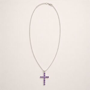 Indian Devotional Pendant - Silver Plated (45cm Chain)- Amethyst Crucifix