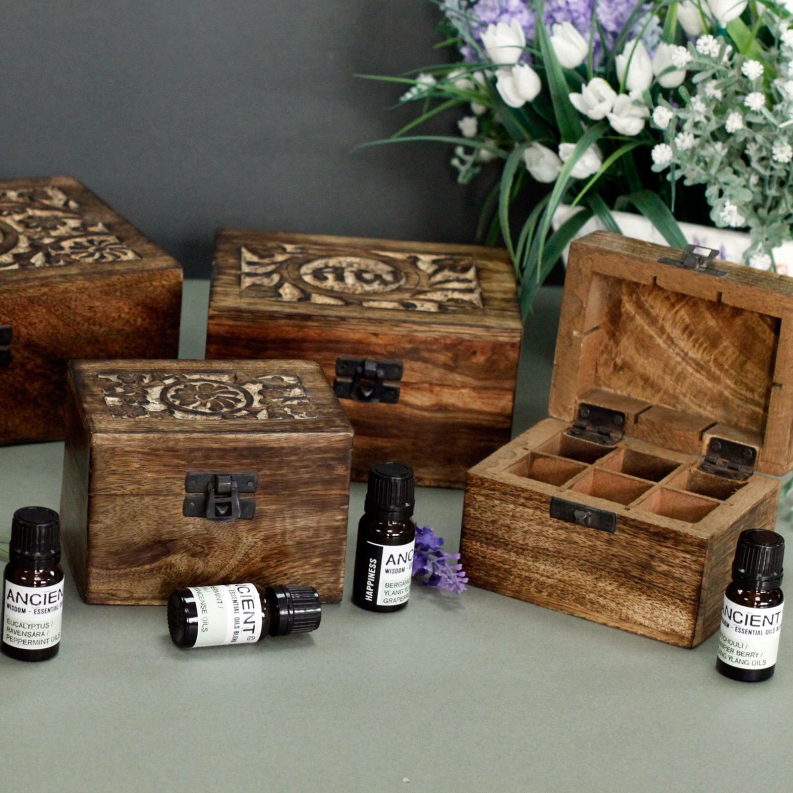 Aromatherapy Floral Carved Box (Holds 24 bottles) - Image 2