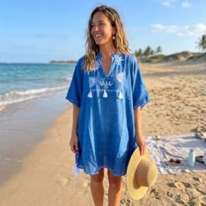 Nomad Sari On the Med Collection - Kaftan - Blue with Cream Embroidery and Tassels